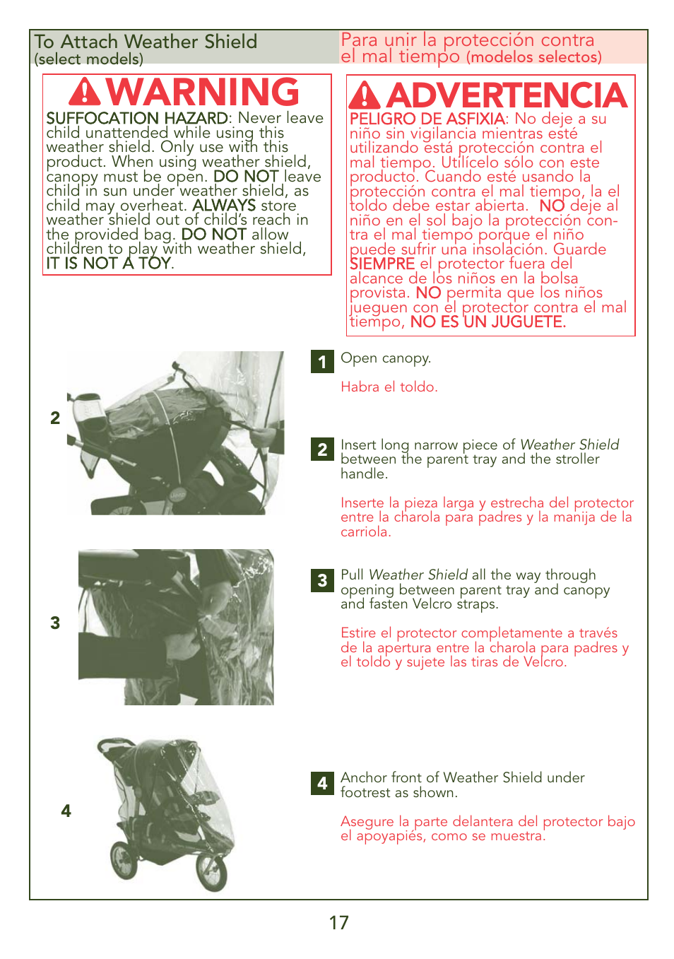 Warning, Advertencia, 17 para unir la protección contra el mal tiempo | Kolcraft JEEP S56J-R3 User Manual | Page 17 / 28
