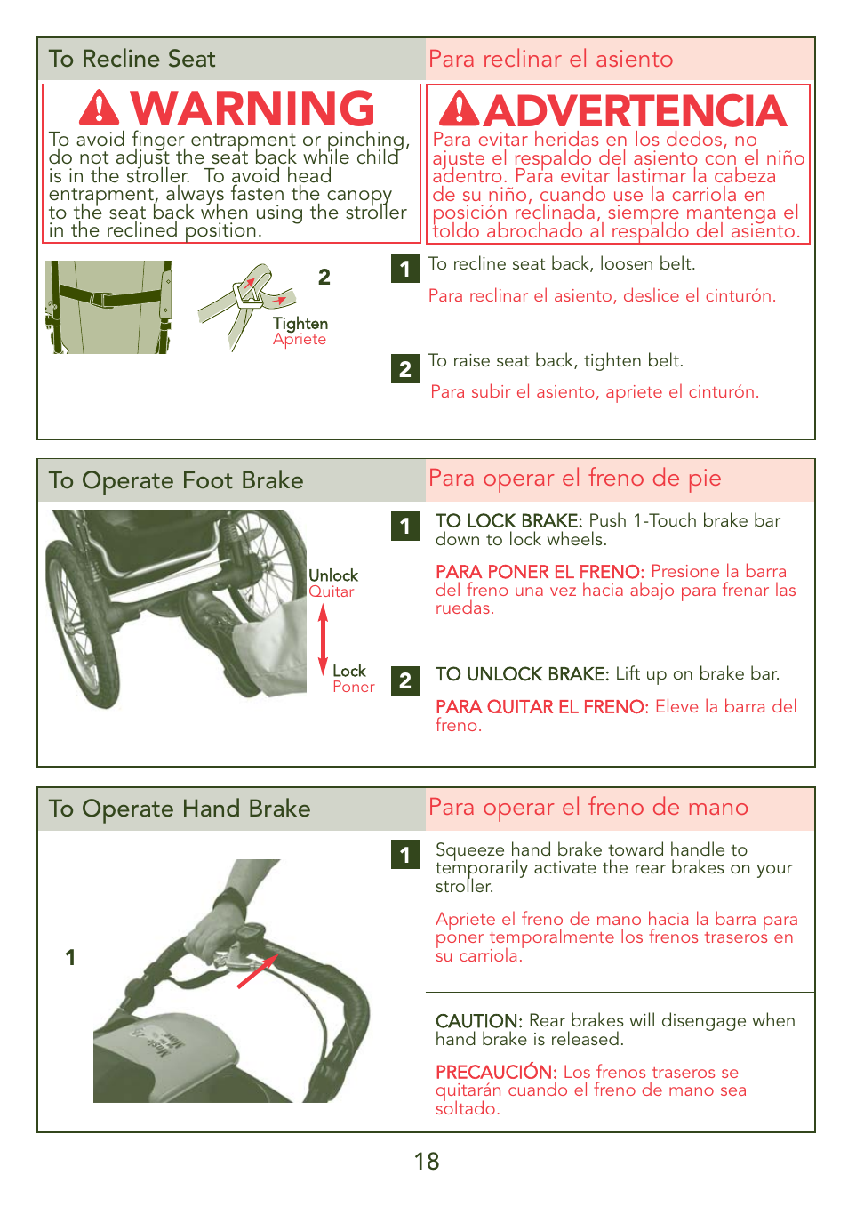 Warning, Advertencia | Kolcraft JEEP S56J-R3 User Manual | Page 18 / 28