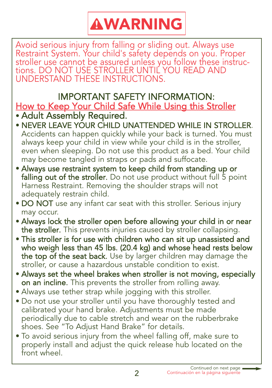 Warning | Kolcraft JEEP S56J-R3 User Manual | Page 2 / 28
