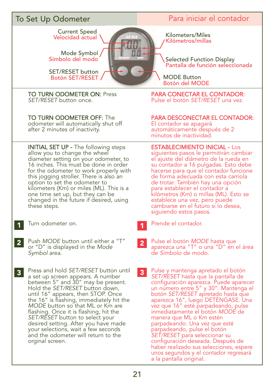 21 to set up odometer para iniciar el contador | Kolcraft JEEP S56J-R3 User Manual | Page 21 / 28