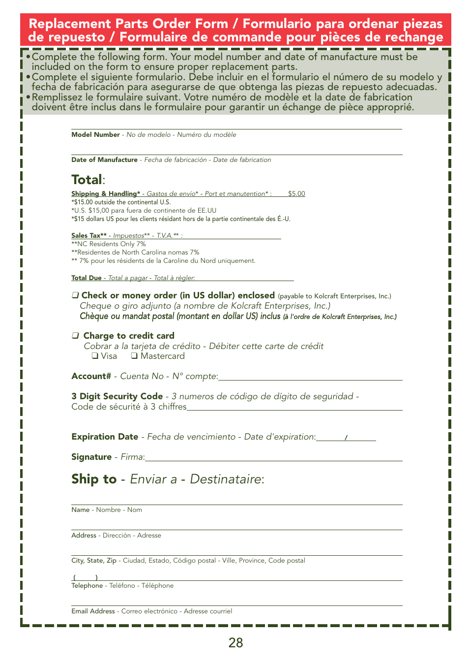 Total, Ship to - enviar a - destinataire | Kolcraft JEEP S56J-R3 User Manual | Page 28 / 28