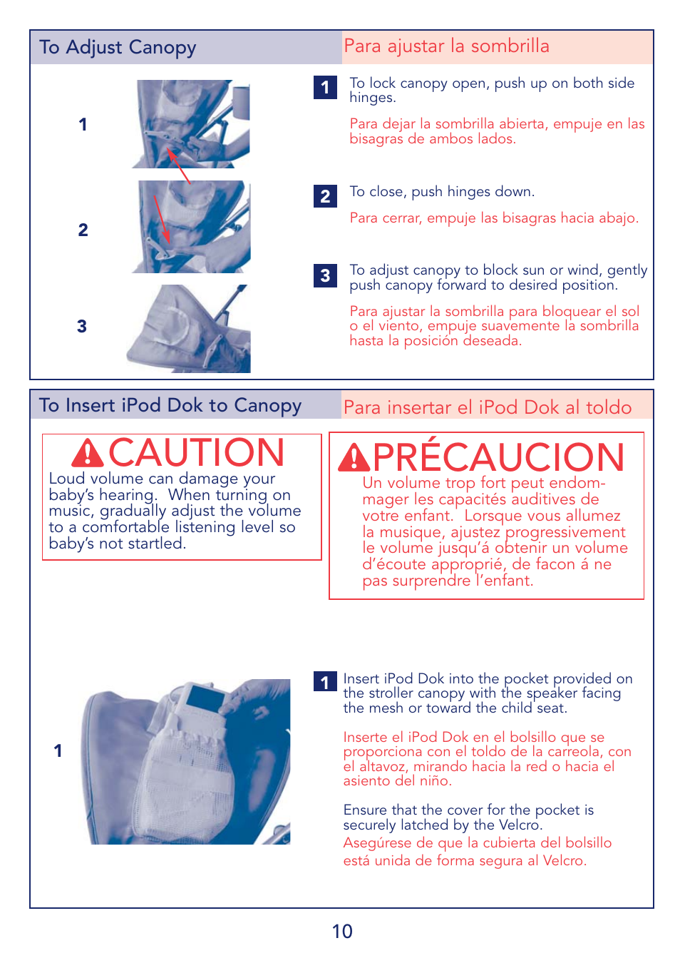 Caution, Précaucion, 10 to adjust canopy para ajustar la sombrilla | Para insertar el ipod dok al toldo | Kolcraft IBABY S64-R2 User Manual | Page 10 / 16