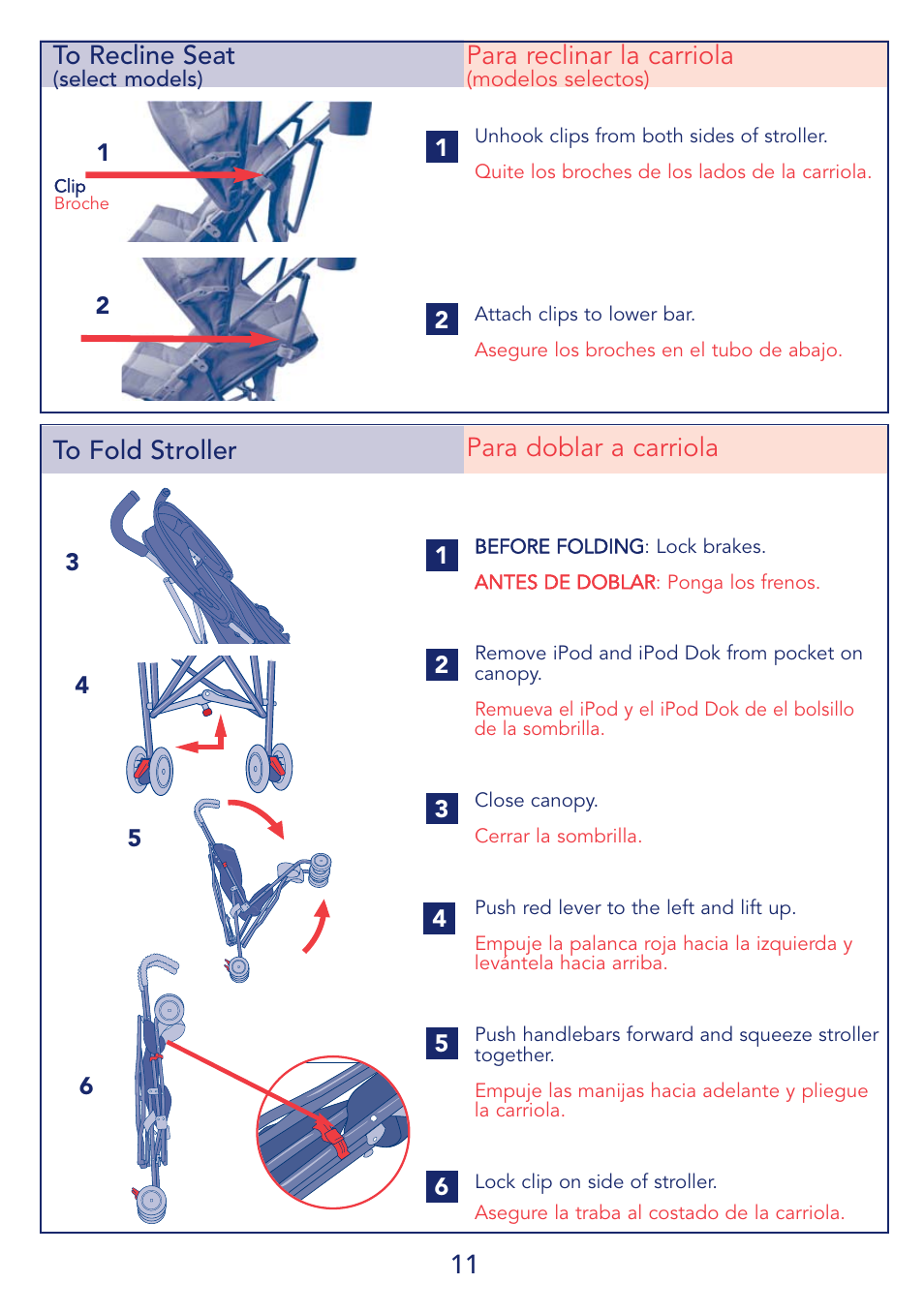 11 to fold stroller para doblar a carriola, Para reclinar la carriola | Kolcraft IBABY S64-R2 User Manual | Page 11 / 16