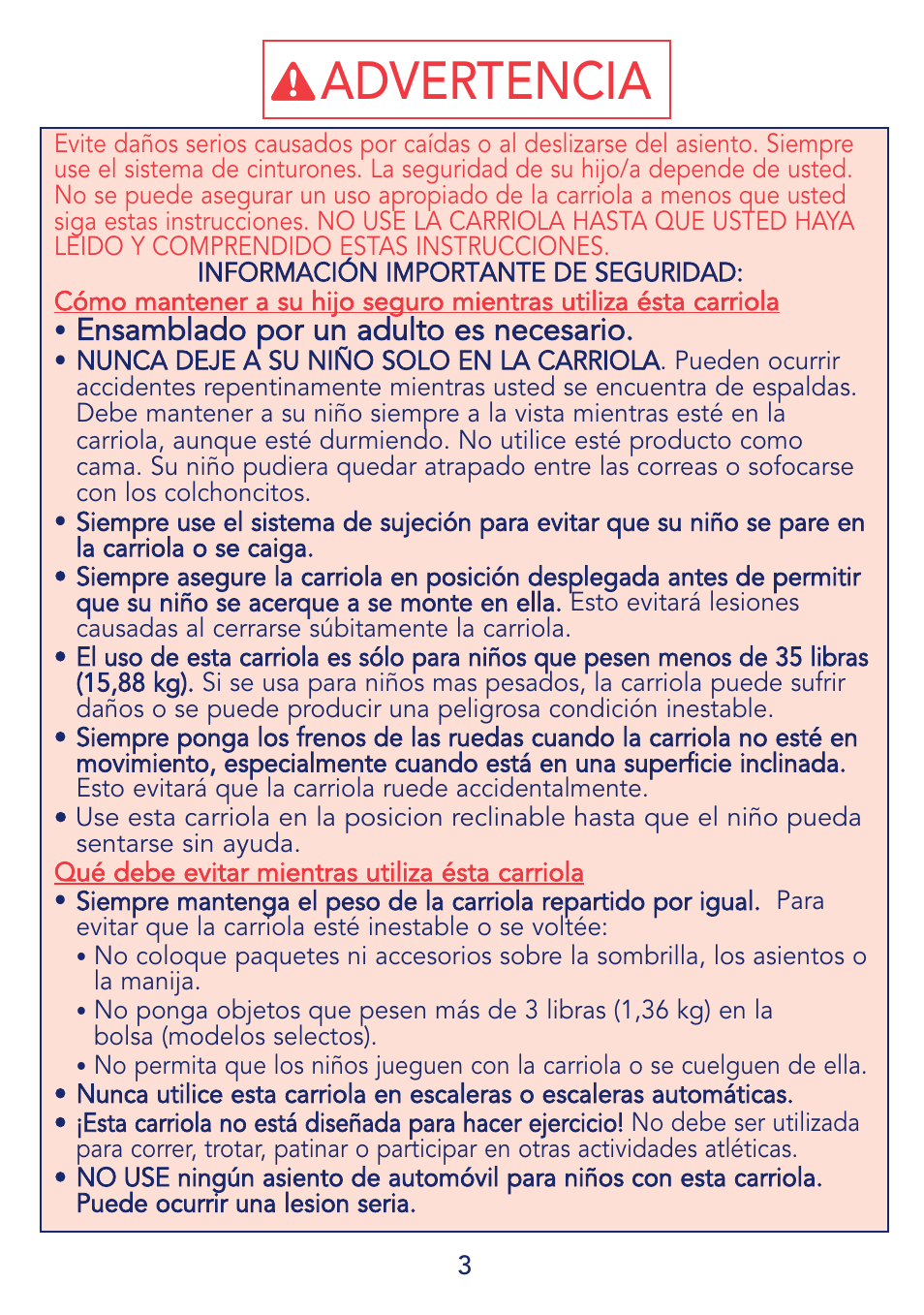 Advertencia, Ensamblado por un adulto es necesario | Kolcraft IBABY S64-R2 User Manual | Page 3 / 16