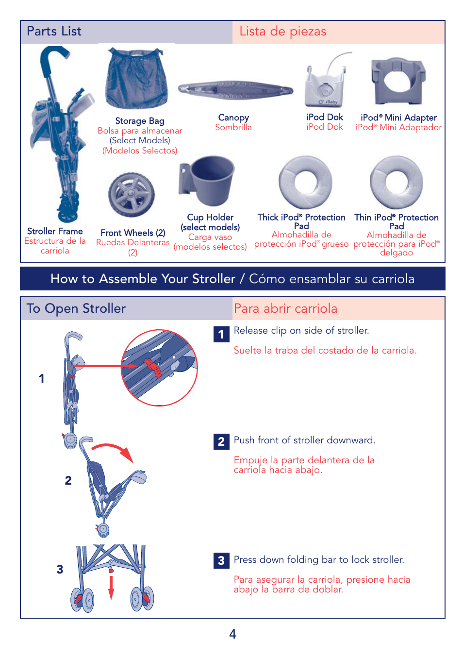4to open stroller para abrir carriola, Parts list lista de piezas | Kolcraft IBABY S64-R2 User Manual | Page 4 / 16