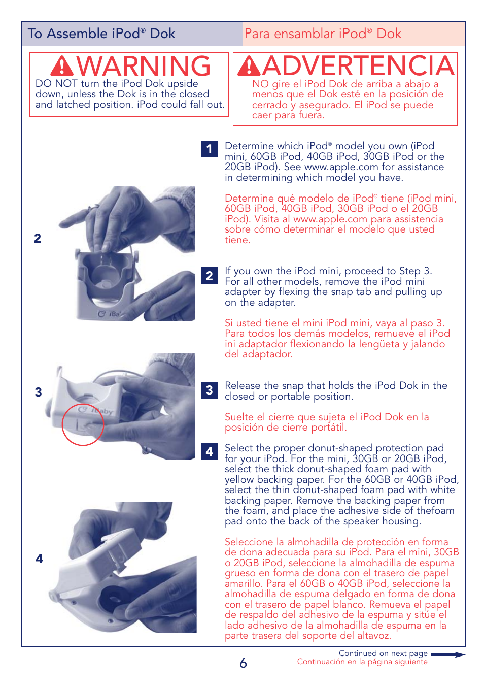 Warning, Advertencia, 6to assemble ipod | Dok para ensamblar ipod | Kolcraft IBABY S64-R2 User Manual | Page 6 / 16