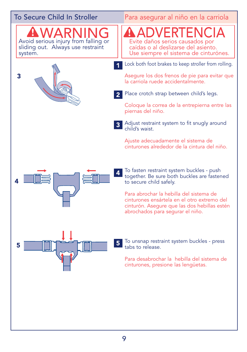 Warning, Advertencia | Kolcraft IBABY S64-R2 User Manual | Page 9 / 16