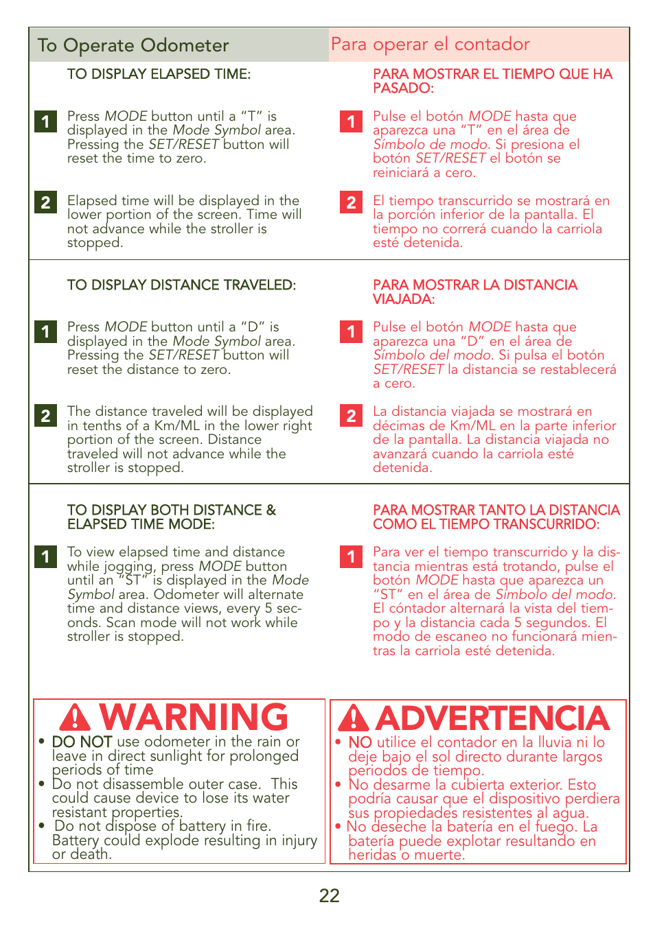 Warning, Advertencia, 22 to operate odometer para operar el contador | Kolcraft S56J-R3 User Manual | Page 22 / 28