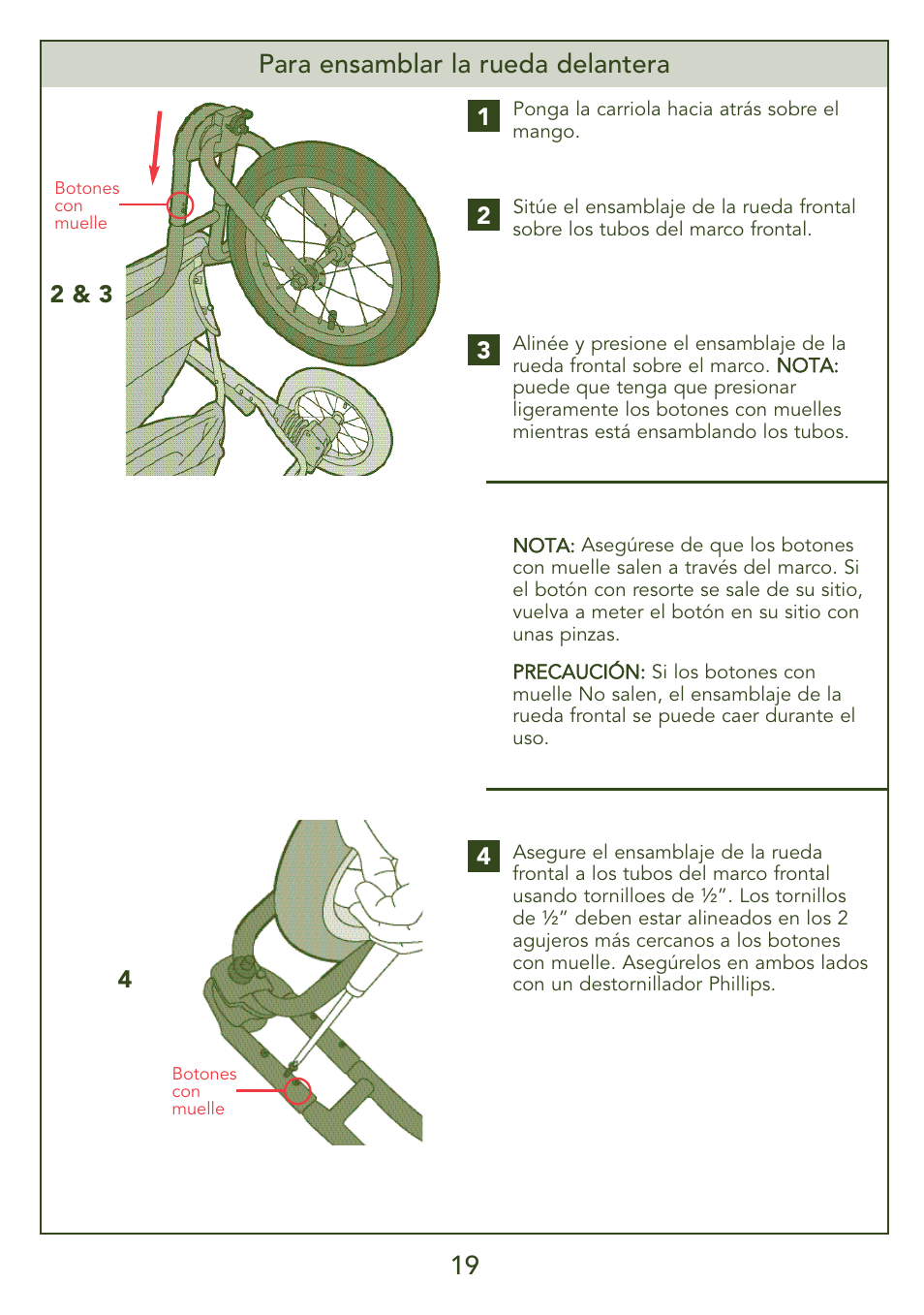 19 para ensamblar la rueda delantera | Kolcraft S45J-T 5/07 User Manual | Page 19 / 45