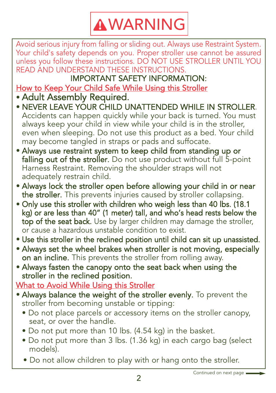 Warning | Kolcraft S45J-T 5/07 User Manual | Page 2 / 45