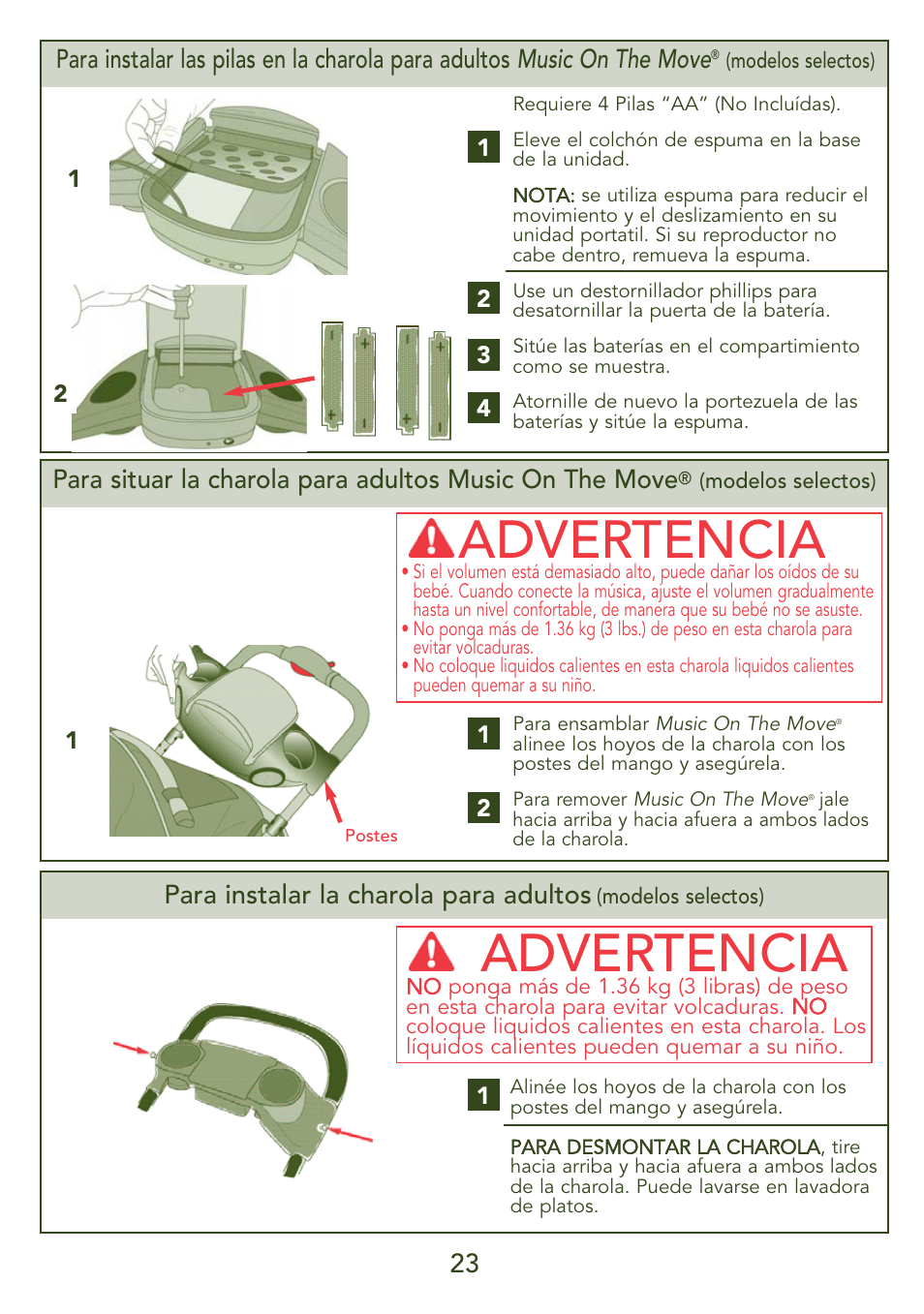Advertencia, Para instalar la charola para adultos | Kolcraft S45J-T 5/07 User Manual | Page 23 / 45