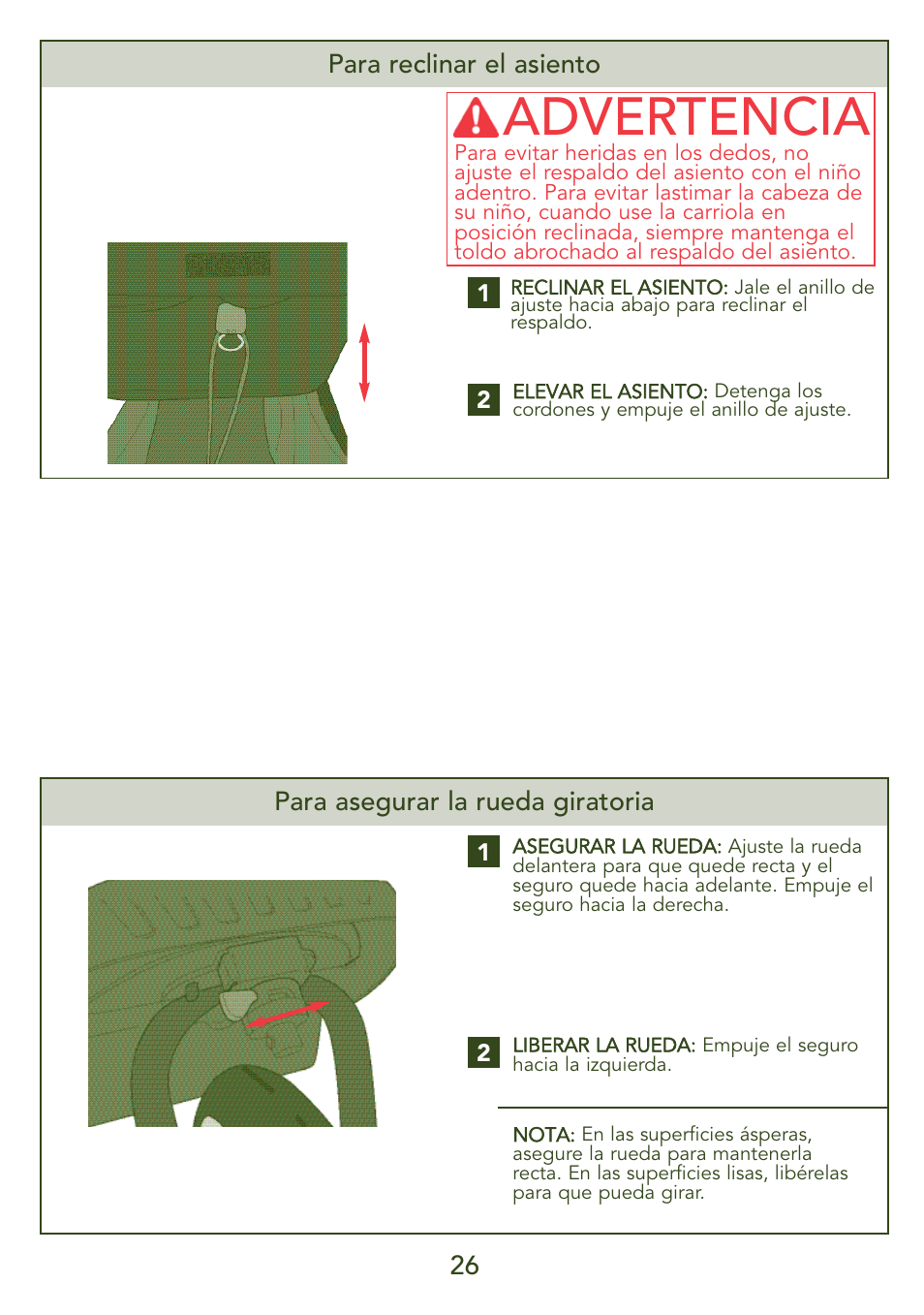 Advertencia, 26 para asegurar la rueda giratoria, Para reclinar el asiento | Kolcraft S45J-T 5/07 User Manual | Page 26 / 45