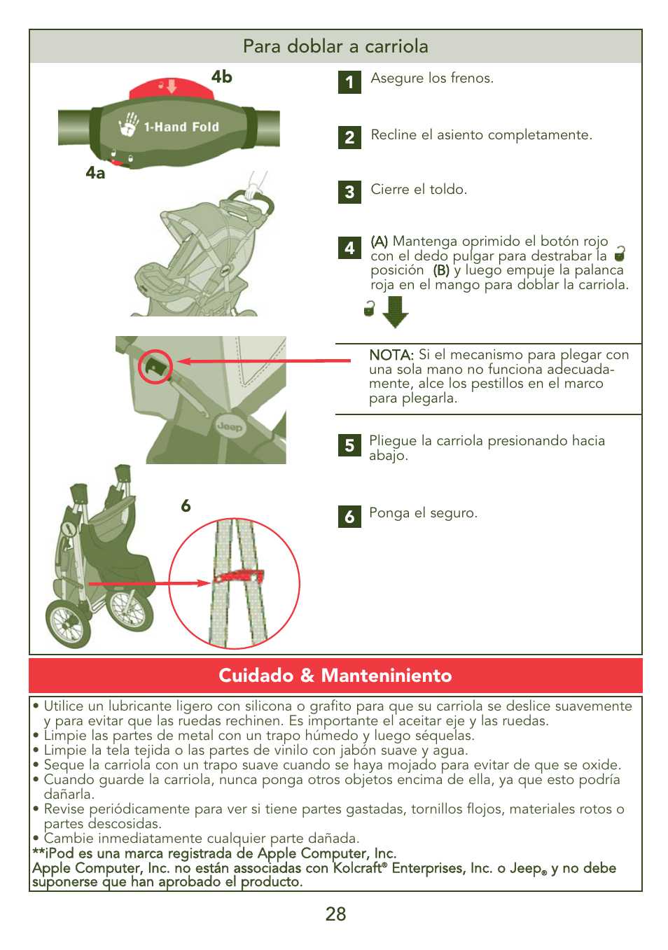 28 para doblar a carriola, Cuidado & manteniniento | Kolcraft S45J-T 5/07 User Manual | Page 28 / 45