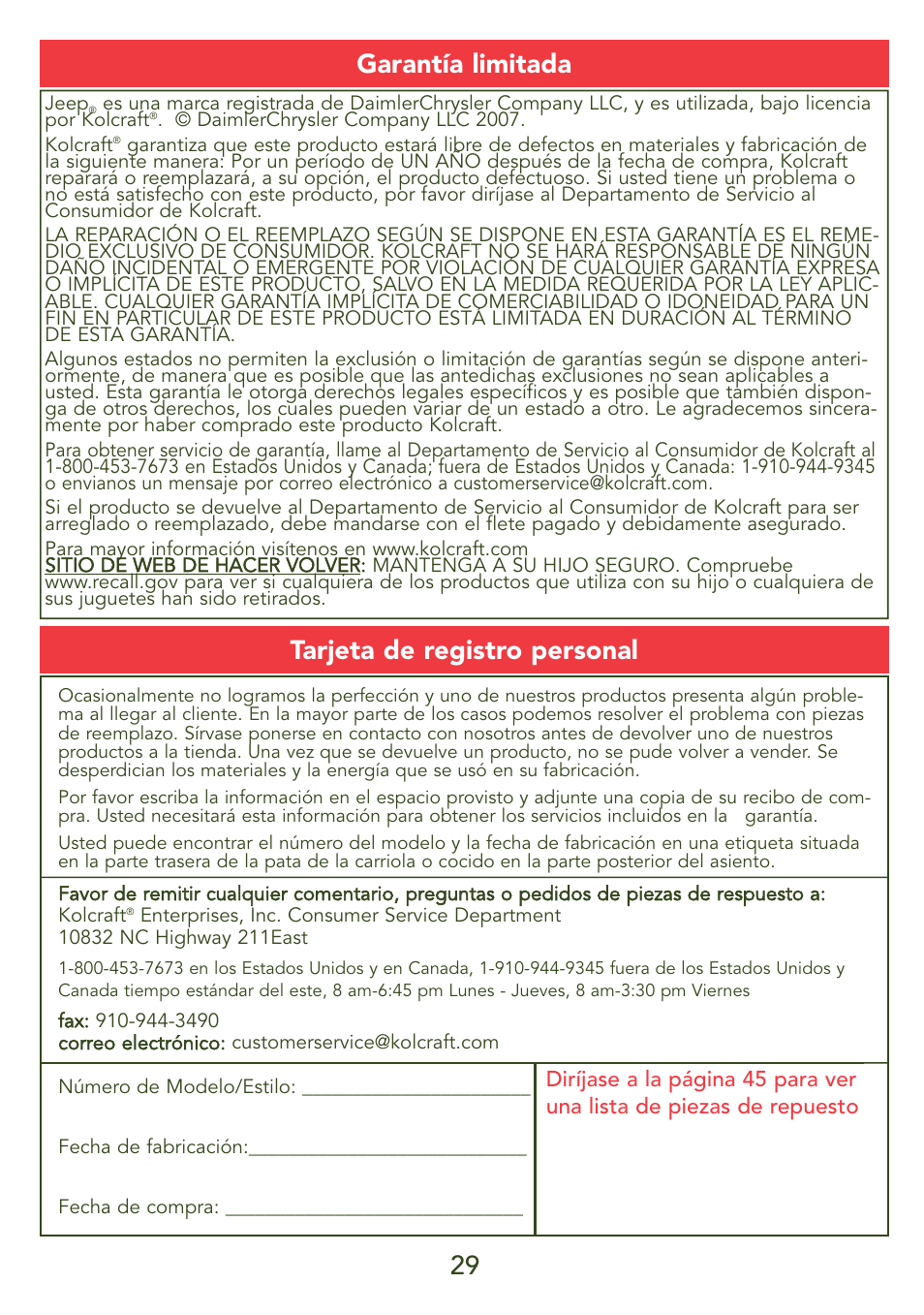 Tarjeta de registro personal, Garantía limitada 29 | Kolcraft S45J-T 5/07 User Manual | Page 29 / 45