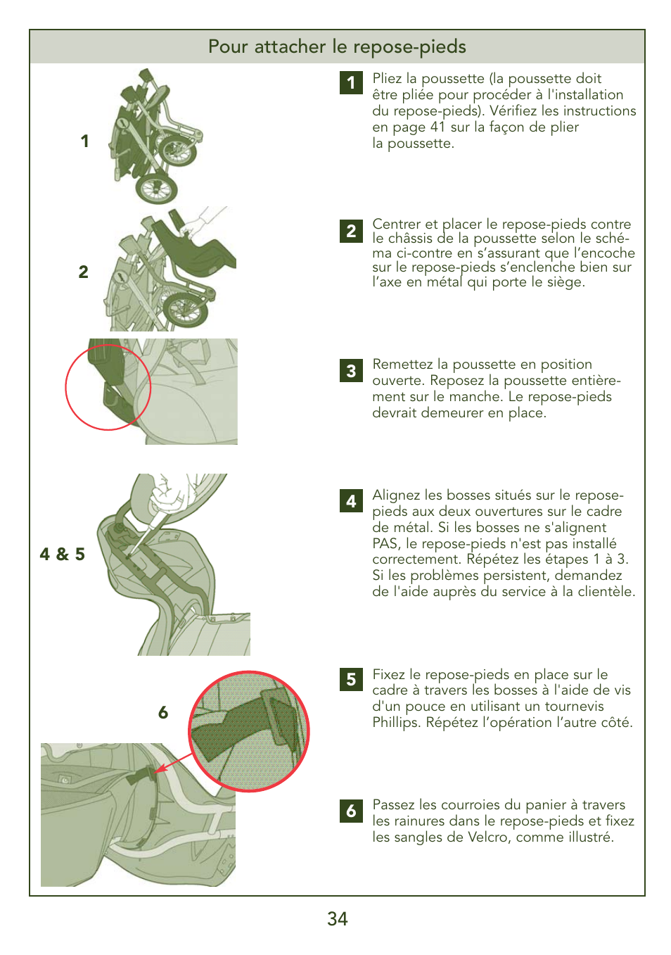 34 pour attacher le repose-pieds | Kolcraft S45J-T 5/07 User Manual | Page 34 / 45