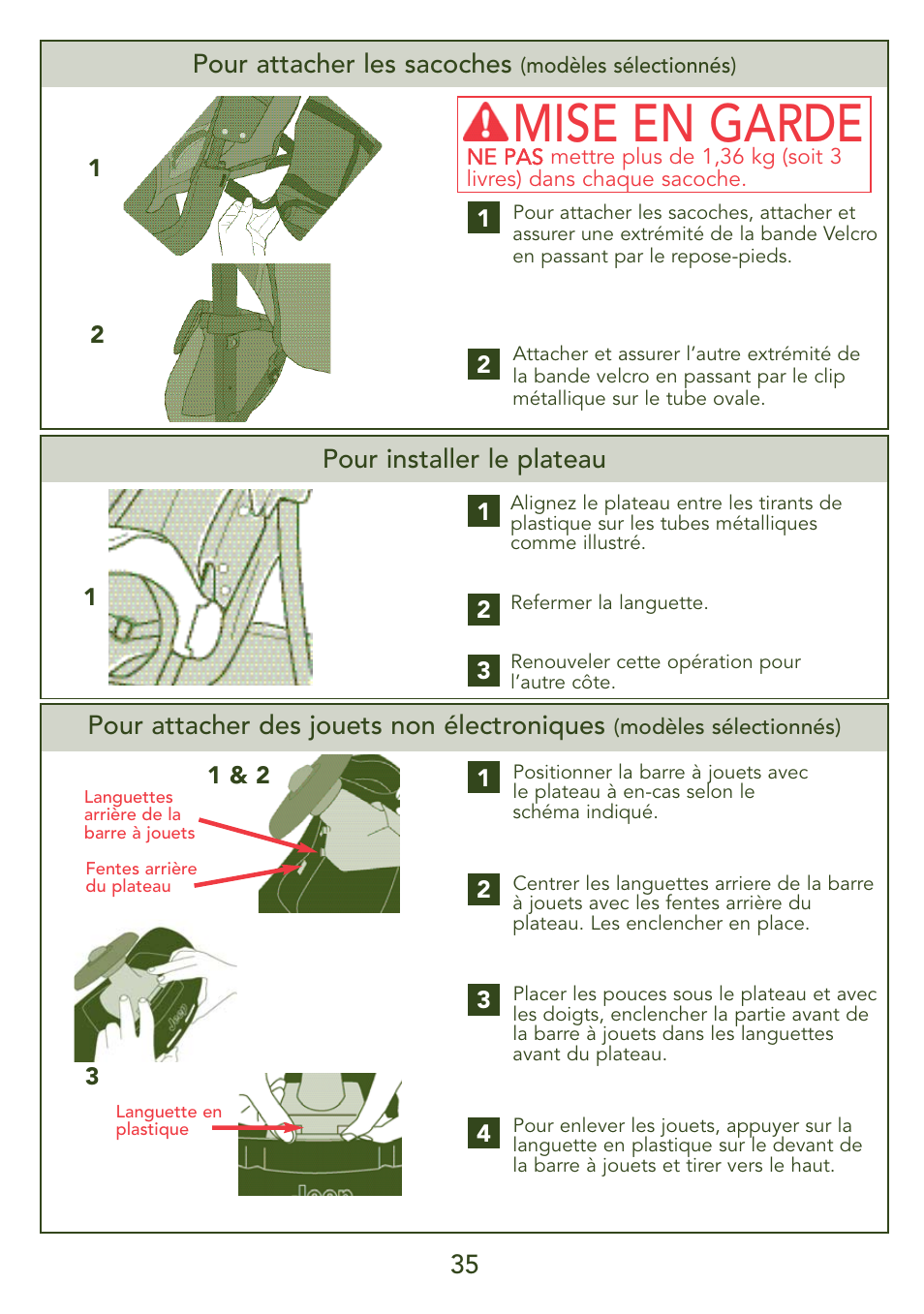 Mise en garde, 35 pour attacher les sacoches, Pour attacher des jouets non électroniques | Pour installer le plateau | Kolcraft S45J-T 5/07 User Manual | Page 35 / 45