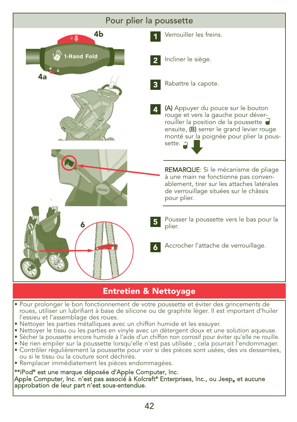 42 pour plier la poussette, Entretien & nettoyage | Kolcraft S45J-T 5/07 User Manual | Page 42 / 45