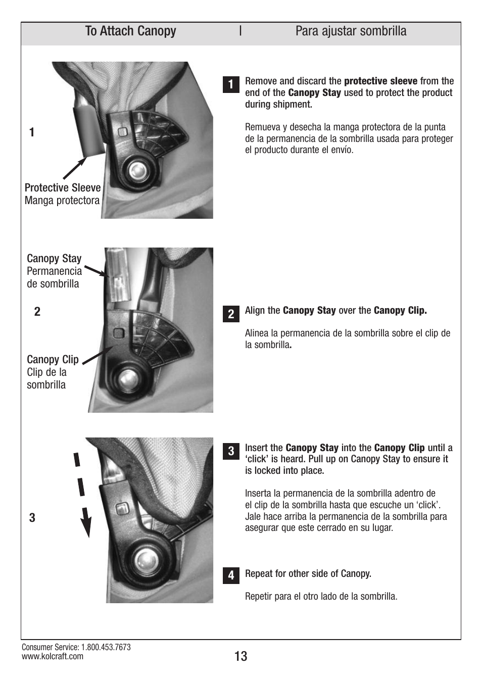 13 to attach canopy para ajustar sombrilla | Kolcraft OPTIMA S82-R2 User Manual | Page 13 / 32