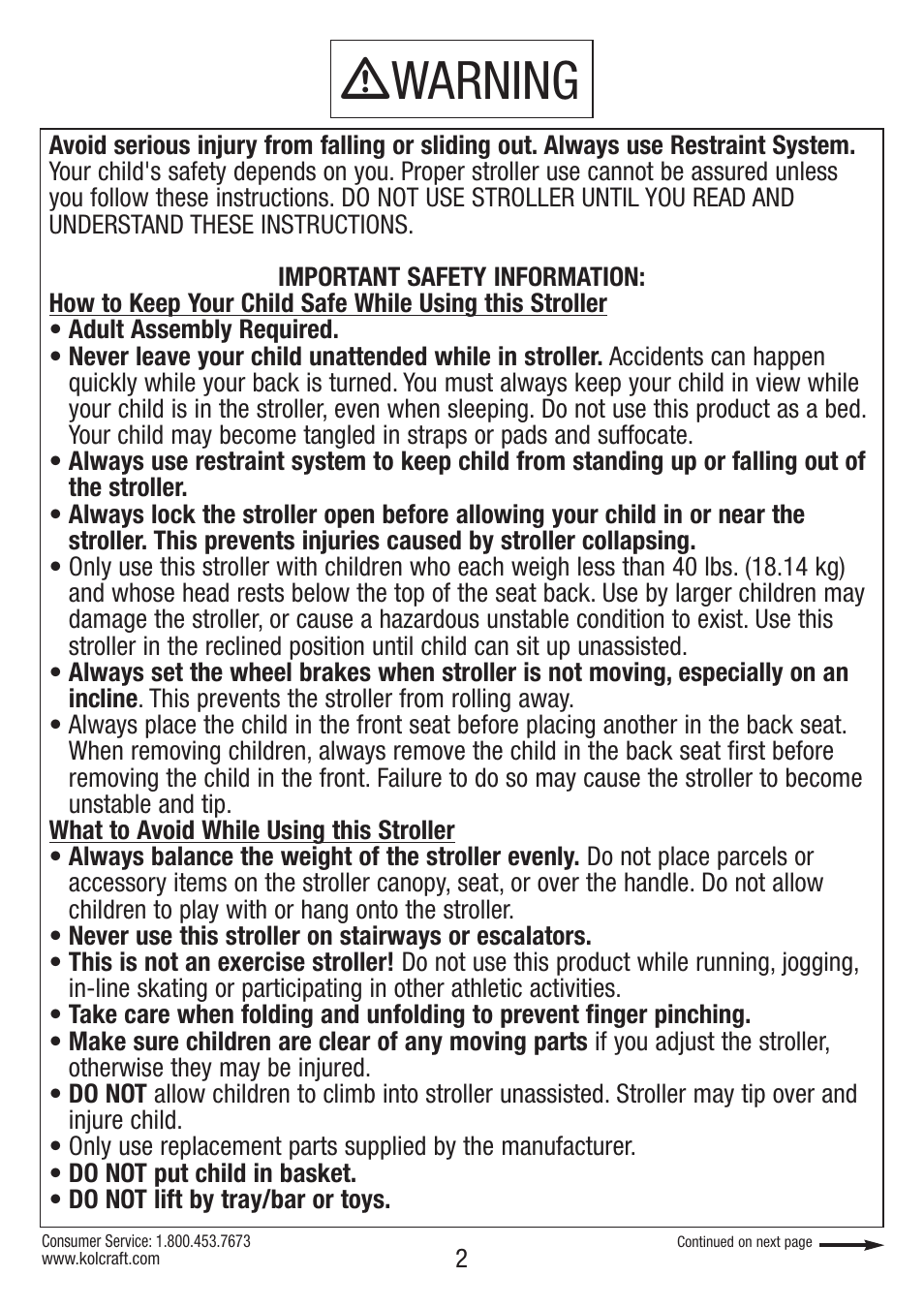 Ƽwarning | Kolcraft OPTIMA S82-R2 User Manual | Page 2 / 32