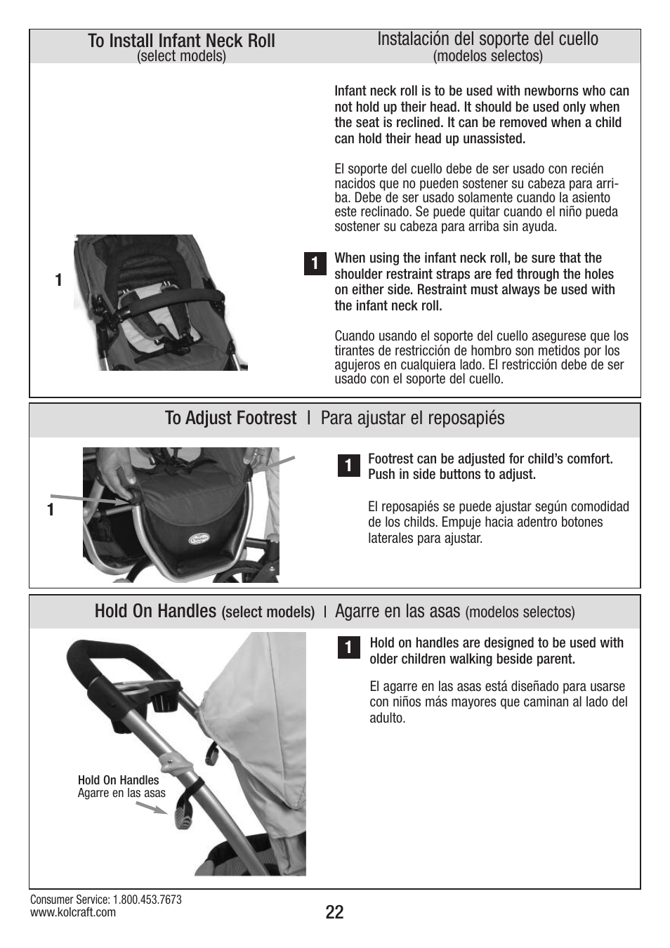 Hold on handles, Agarre en las asas, Instalación del soporte del cuello | Kolcraft OPTIMA S82-R2 User Manual | Page 22 / 32