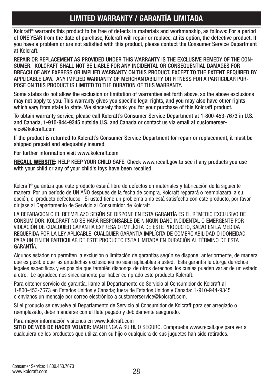 Limited warranty / garantía limitada | Kolcraft OPTIMA S82-R2 User Manual | Page 28 / 32