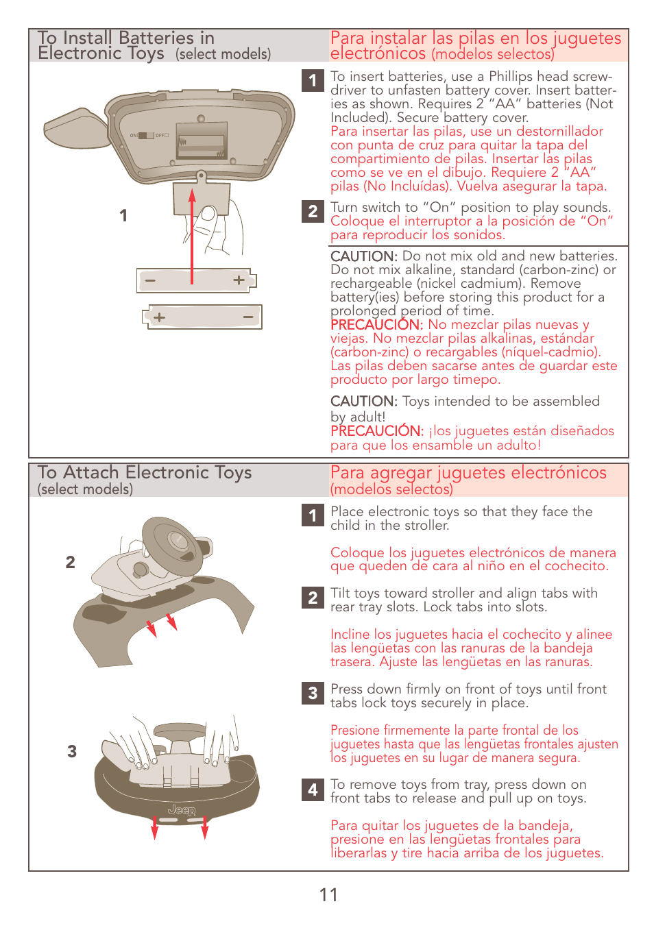 Para agregar juguetes electrónicos | Kolcraft JEEP S47J-R7 9/06 User Manual | Page 11 / 26