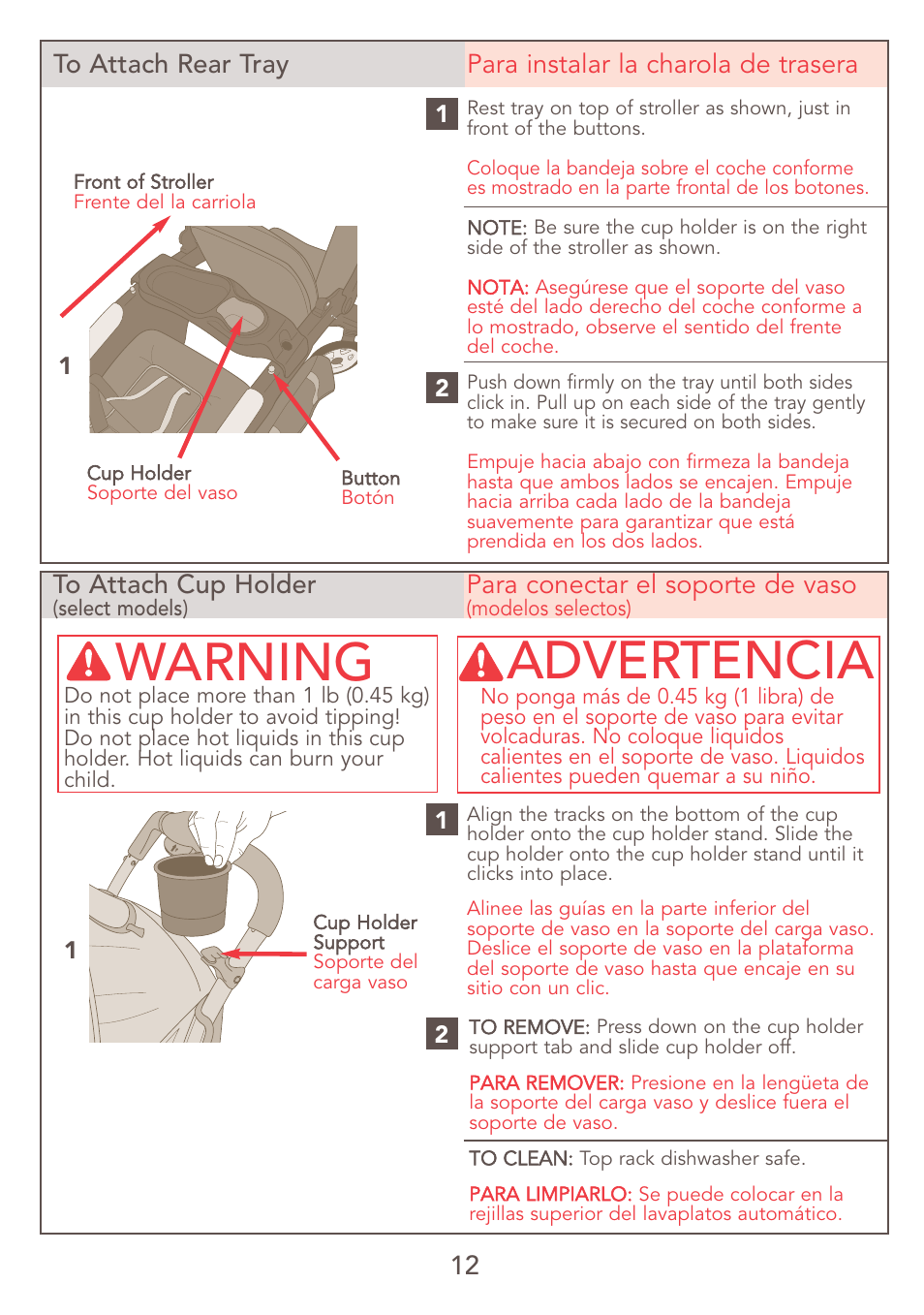 Warning, Advertencia, Para conectar el soporte de vaso | Kolcraft JEEP S47J-R7 9/06 User Manual | Page 12 / 26