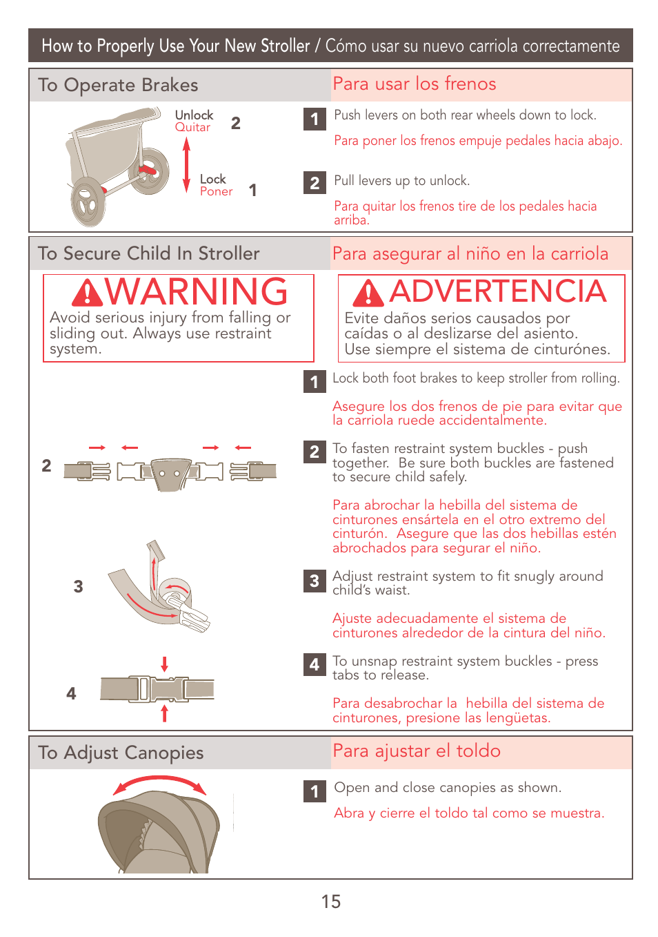 Warning, Advertencia | Kolcraft JEEP S47J-R7 9/06 User Manual | Page 15 / 26