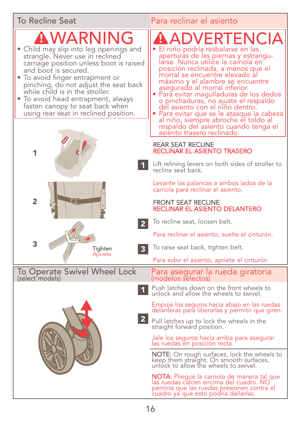 Warning, Advertencia, 16 to recline seat para reclinar el asiento | Para asegurar la rueda giratoria | Kolcraft JEEP S47J-R7 9/06 User Manual | Page 16 / 26