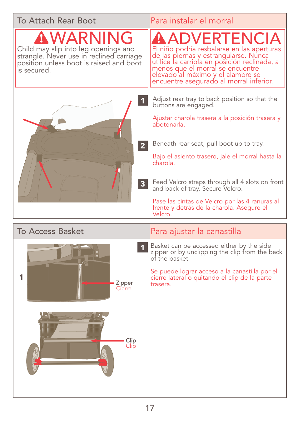 Warning, Advertencia, 17 to attach rear boot para instalar el morral | Kolcraft JEEP S47J-R7 9/06 User Manual | Page 17 / 26