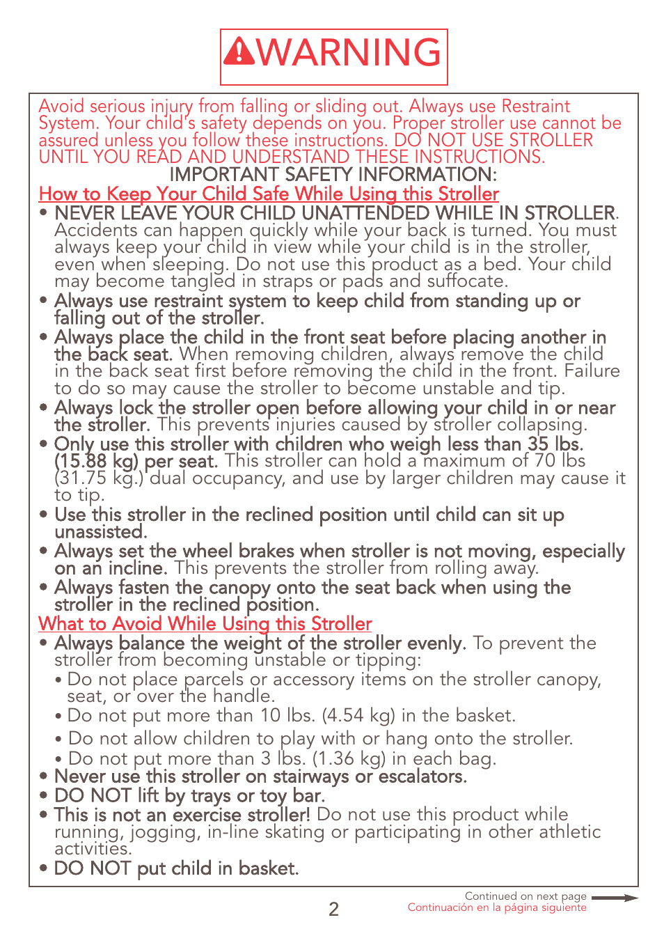 Warning | Kolcraft JEEP S47J-R7 9/06 User Manual | Page 2 / 26