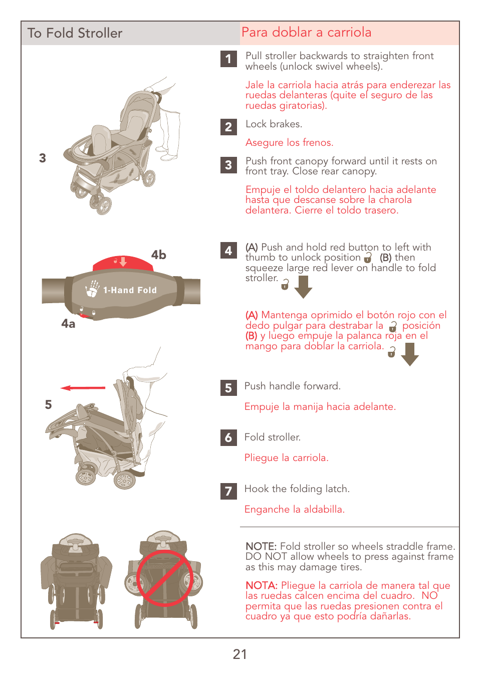 21 to fold stroller para doblar a carriola, 4a 4b 3 5 | Kolcraft JEEP S47J-R7 9/06 User Manual | Page 21 / 26