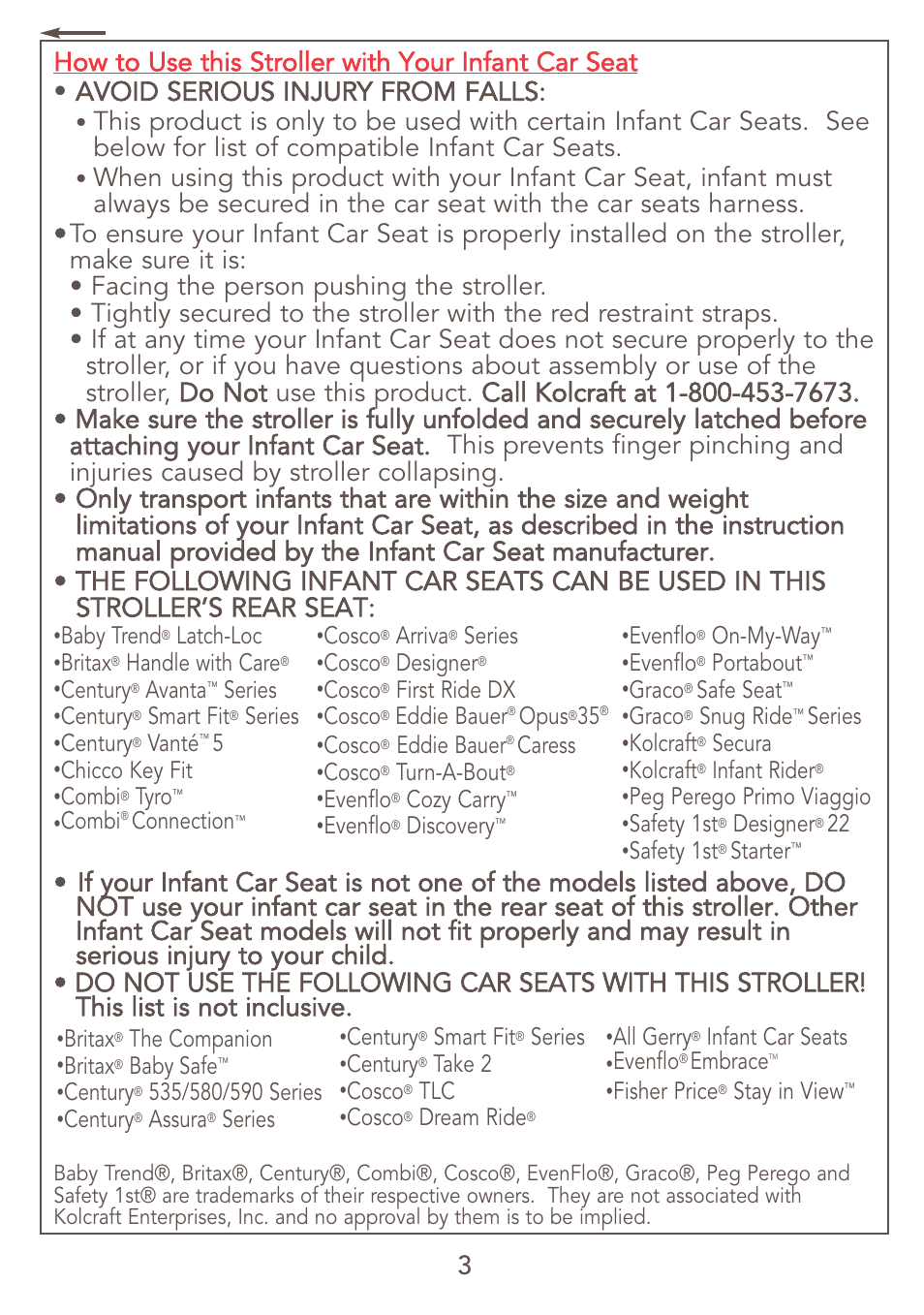 Baby trend, Latch-loc, Britax | Handle with care, Century, Avanta, Series, Smart fit, Vanté, Chicco key fit | Kolcraft JEEP S47J-R7 9/06 User Manual | Page 3 / 26