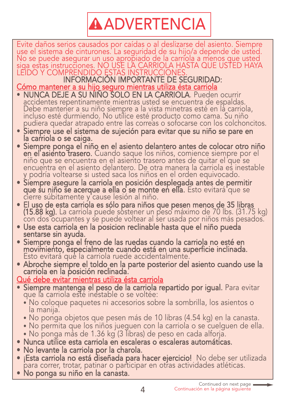 Advertencia | Kolcraft JEEP S47J-R7 9/06 User Manual | Page 4 / 26