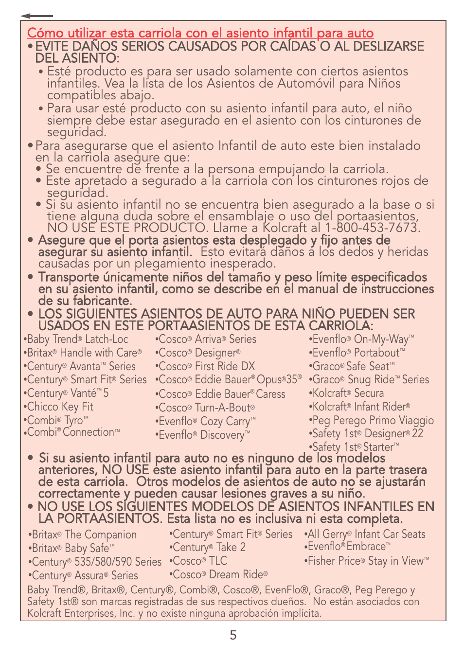 Baby trend, Latch-loc, Britax | Handle with care, Century, Avanta, Series, Smart fit, Vanté, Chicco key fit | Kolcraft JEEP S47J-R7 9/06 User Manual | Page 5 / 26