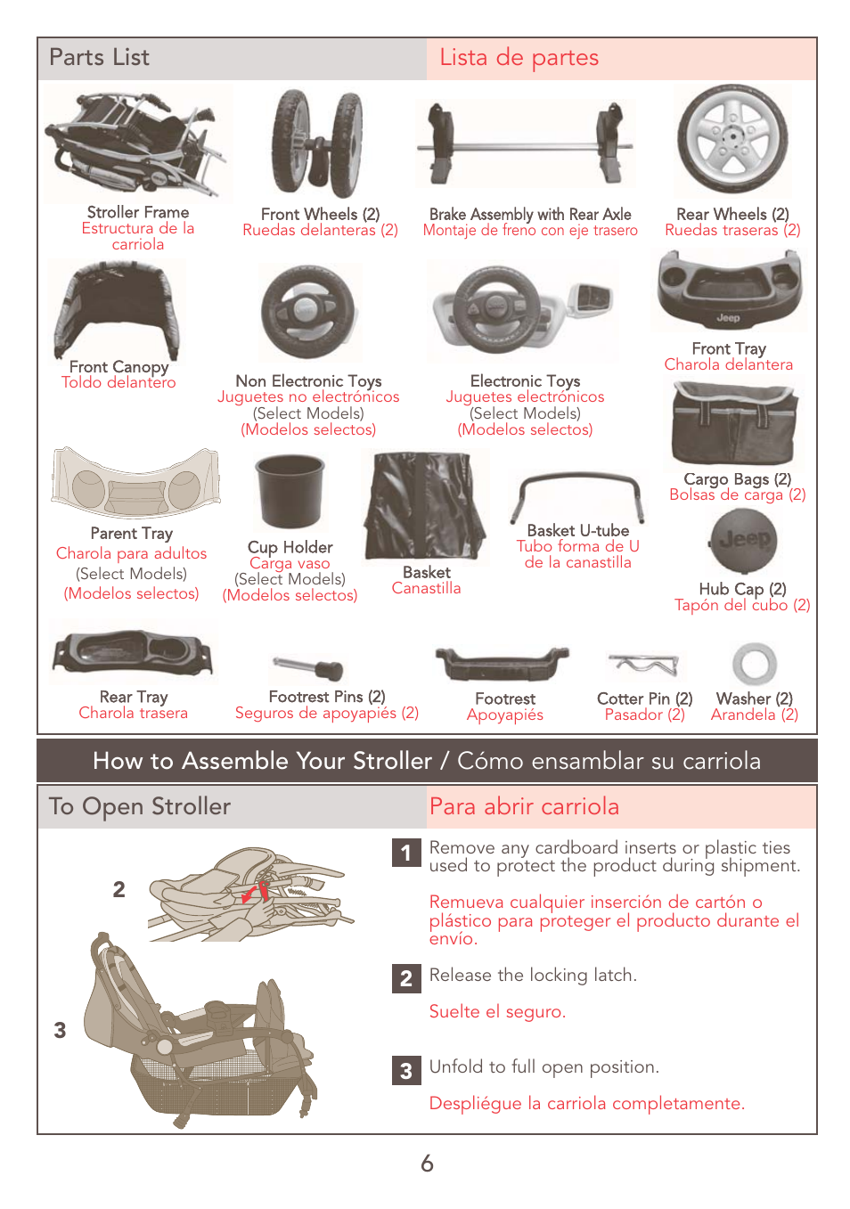 6to open stroller para abrir carriola, Parts list lista de partes | Kolcraft JEEP S47J-R7 9/06 User Manual | Page 6 / 26