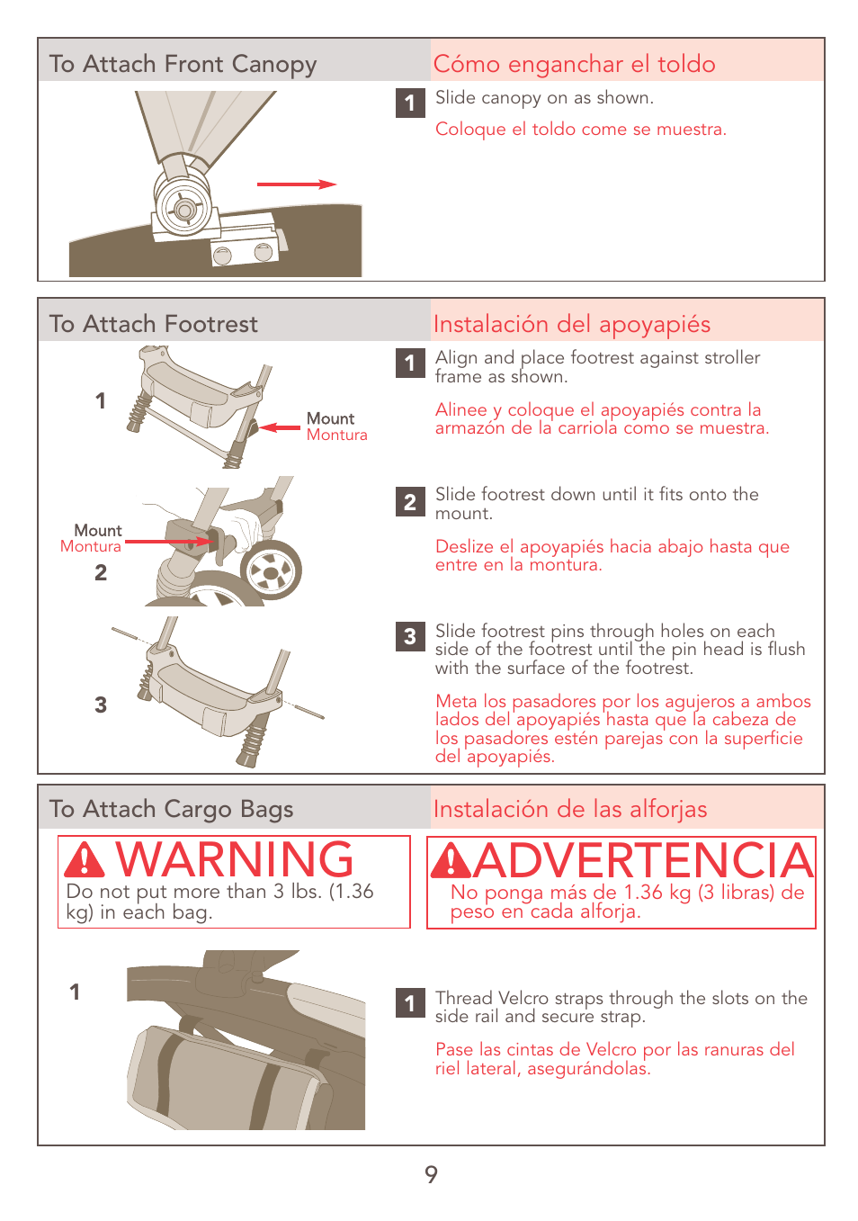 Warning, Advertencia, 9to attach front canopy cómo enganchar el toldo | Kolcraft JEEP S47J-R7 9/06 User Manual | Page 9 / 26