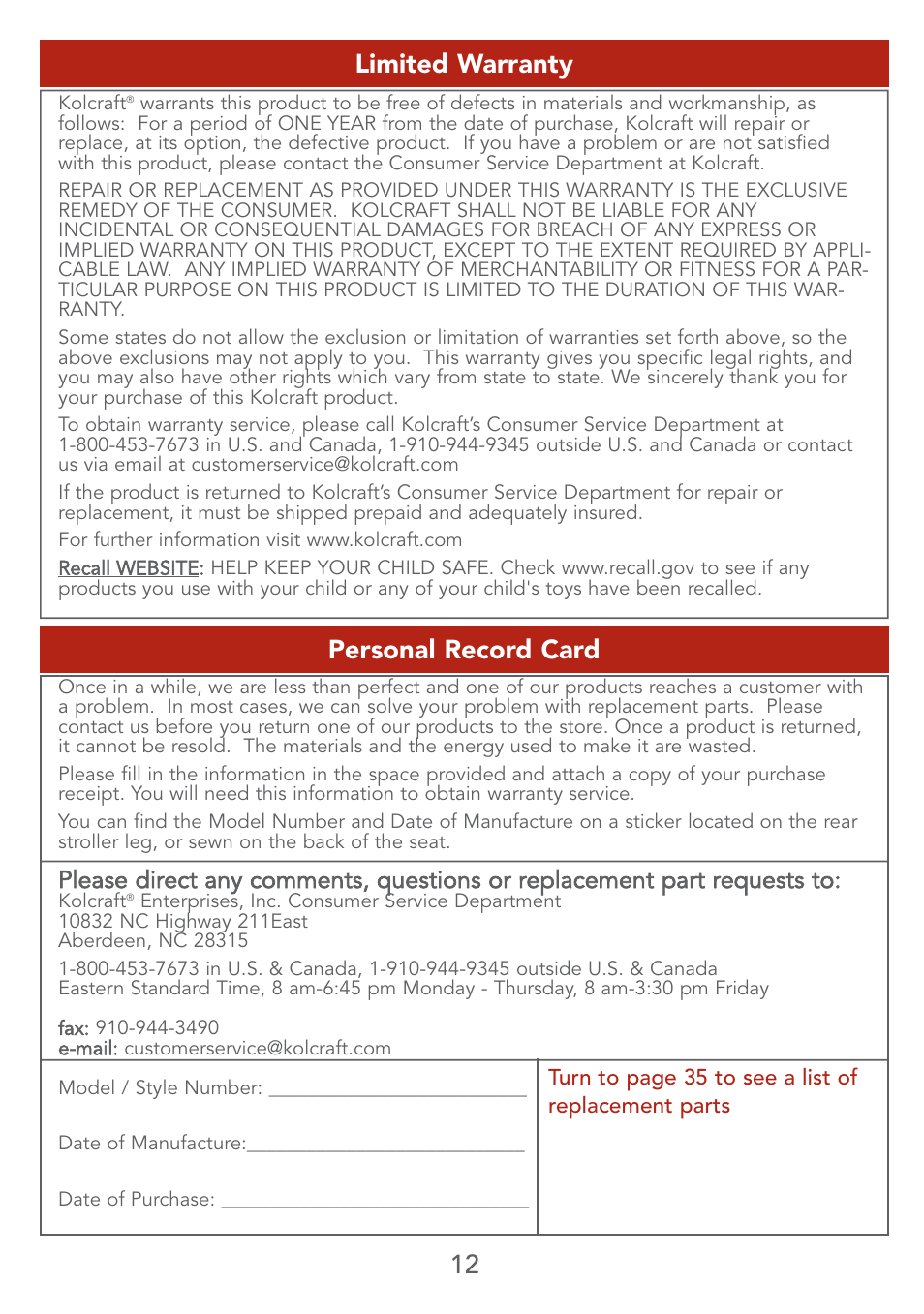 12 personal record card, Limited warranty | Kolcraft LITE SERIES S67-T 4/07 User Manual | Page 12 / 36