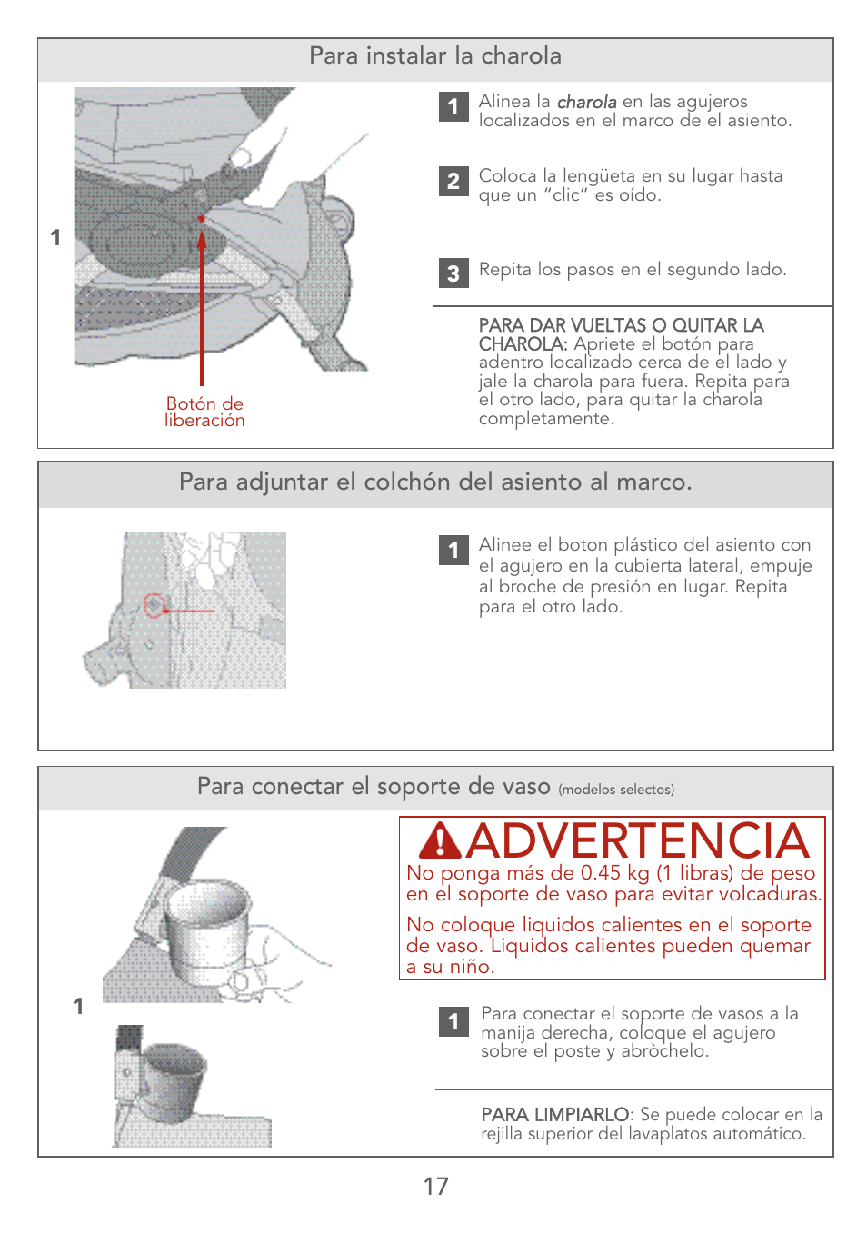 Advertencia, 17 para instalar la charola, Para conectar el soporte de vaso | Para adjuntar el colchón del asiento al marco | Kolcraft LITE SERIES S67-T 4/07 User Manual | Page 17 / 36