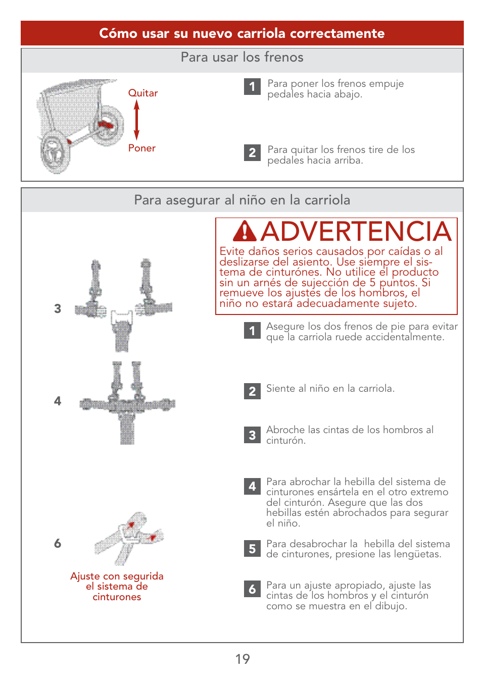 Advertencia, 19 para asegurar al niño en la carriola | Kolcraft LITE SERIES S67-T 4/07 User Manual | Page 19 / 36