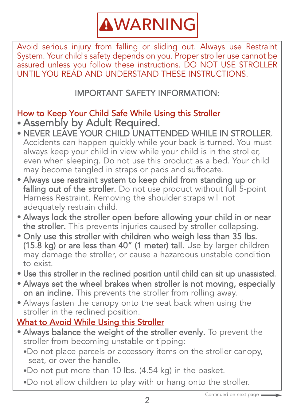 Warning, Assembly by adult required | Kolcraft LITE SERIES S67-T 4/07 User Manual | Page 2 / 36