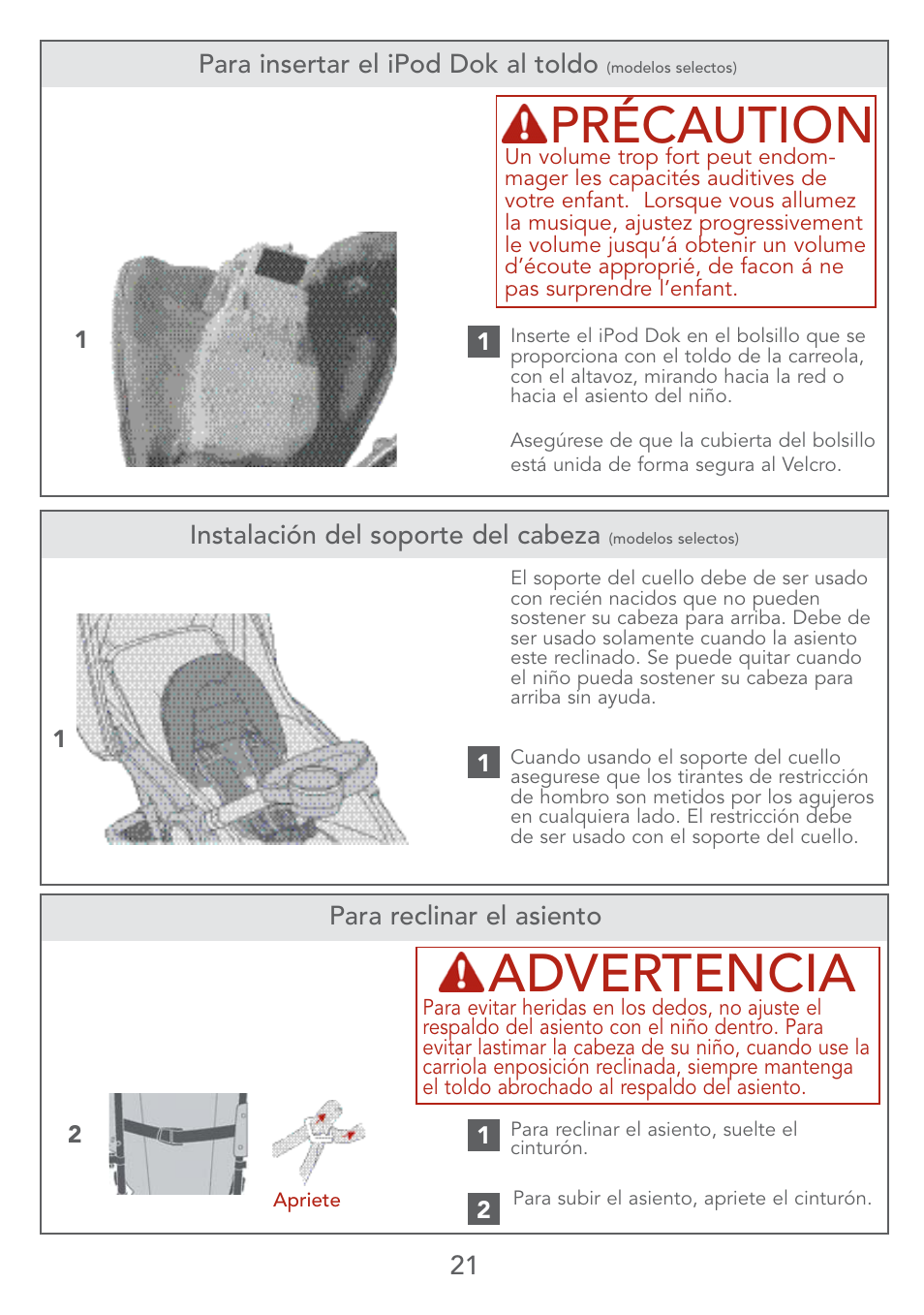 Advertencia, Précaution, Instalación del soporte del cabeza | Para insertar el ipod dok al toldo, Para reclinar el asiento | Kolcraft LITE SERIES S67-T 4/07 User Manual | Page 21 / 36