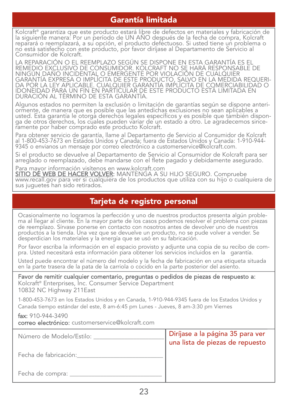 23 tarjeta de registro personal, Garantía limitada | Kolcraft LITE SERIES S67-T 4/07 User Manual | Page 23 / 36