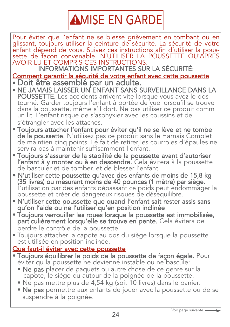 Mise en garde, Doit être assemblé par un adulte | Kolcraft LITE SERIES S67-T 4/07 User Manual | Page 24 / 36