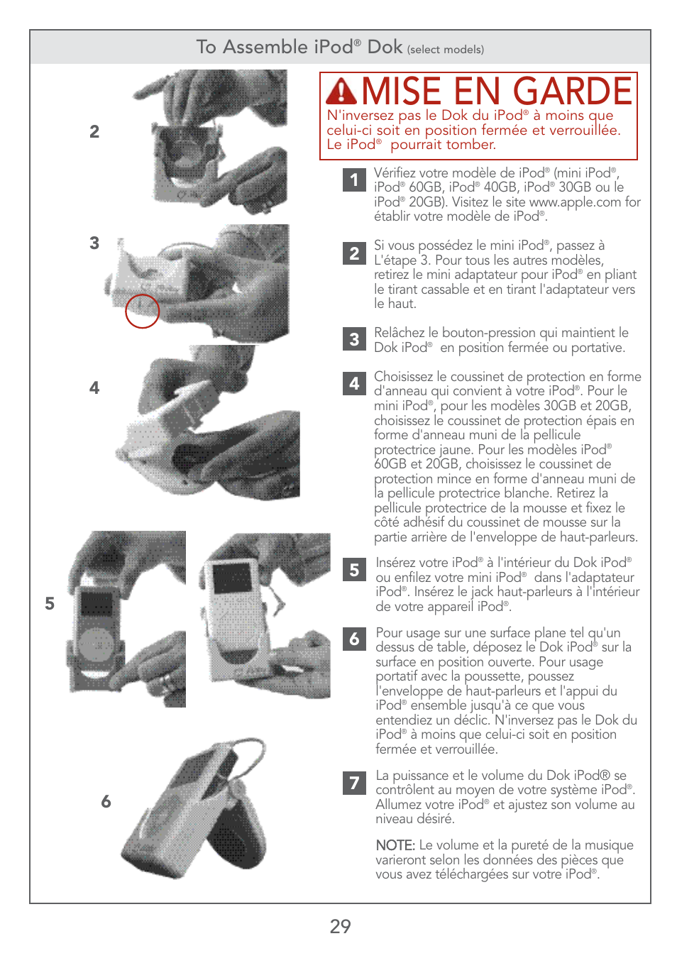 Mise en garde, 29 to assemble ipod | Kolcraft LITE SERIES S67-T 4/07 User Manual | Page 29 / 36