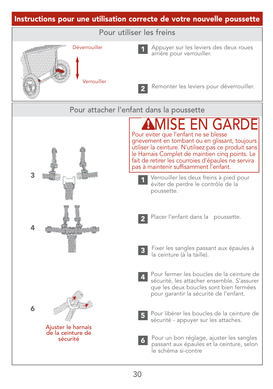 Mise en garde, 30 pour attacher l’enfant dans la poussette | Kolcraft LITE SERIES S67-T 4/07 User Manual | Page 30 / 36