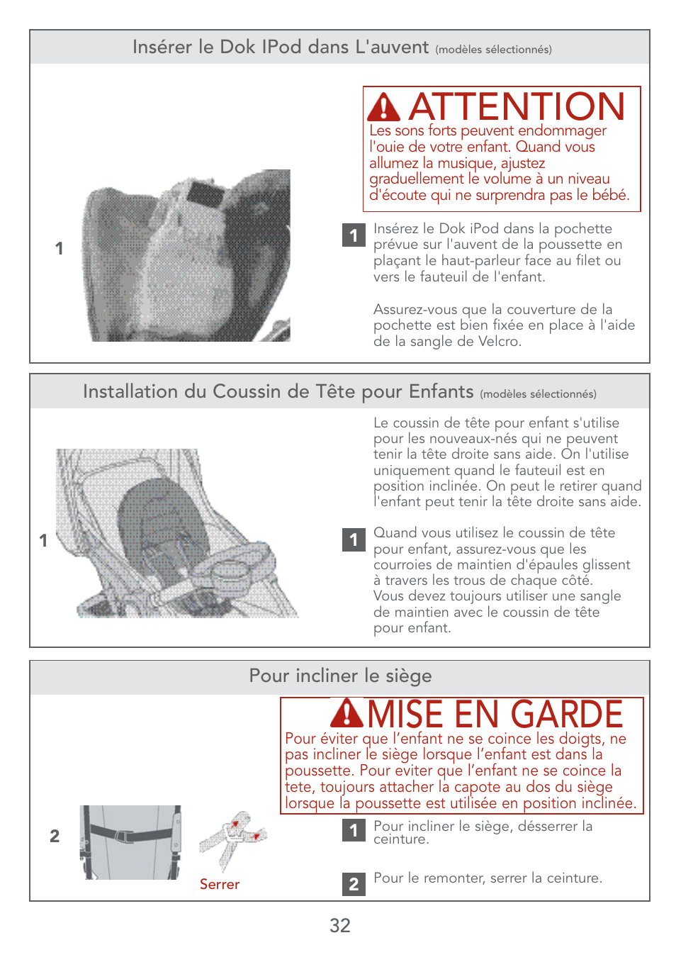 Mise en garde, Attention | Kolcraft LITE SERIES S67-T 4/07 User Manual | Page 32 / 36