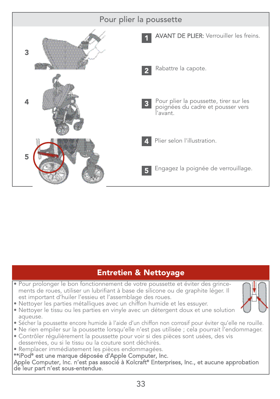 33 entretien & nettoyage, Pour plier la poussette | Kolcraft LITE SERIES S67-T 4/07 User Manual | Page 33 / 36