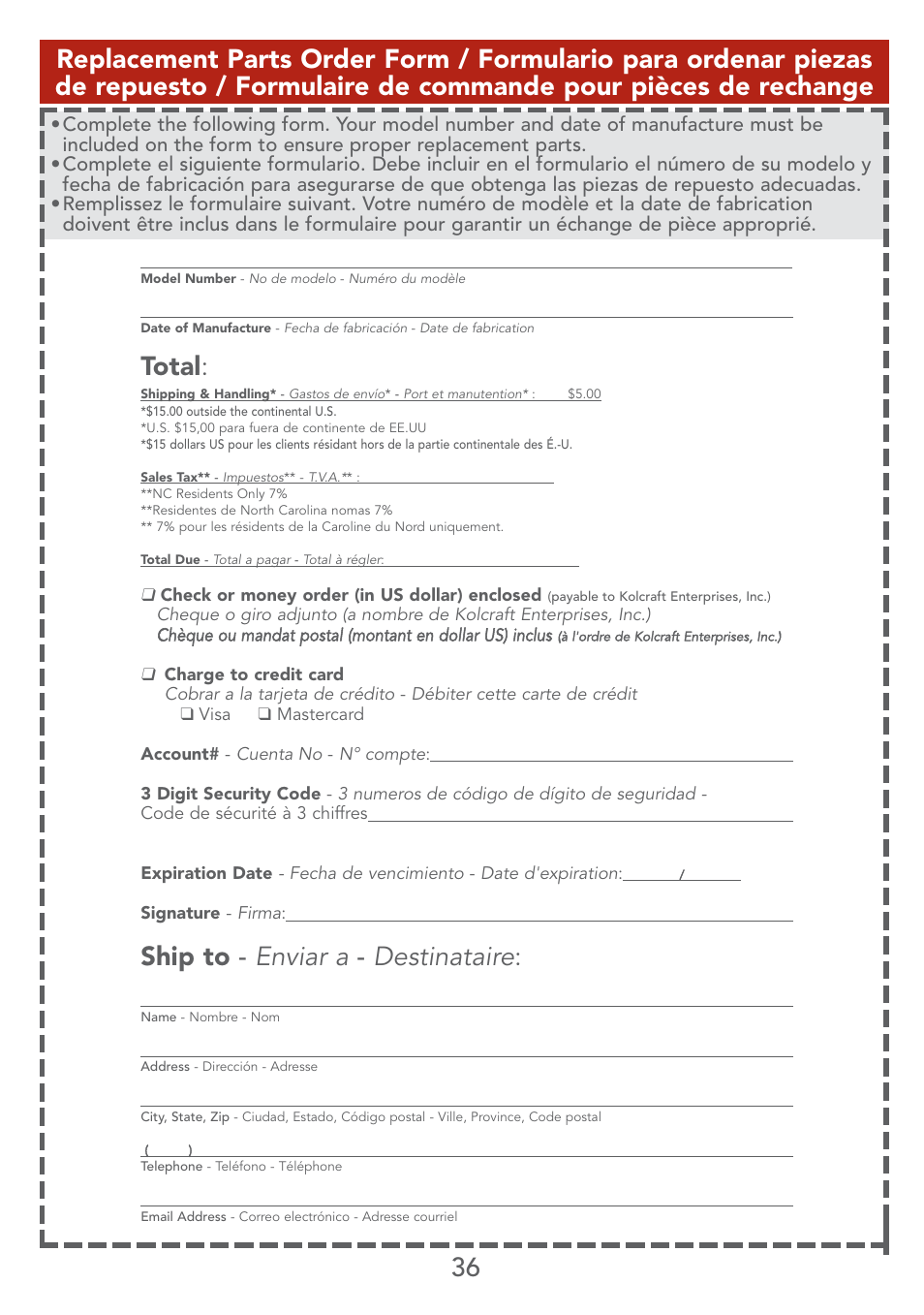 Total, Ship to - enviar a - destinataire | Kolcraft LITE SERIES S67-T 4/07 User Manual | Page 36 / 36