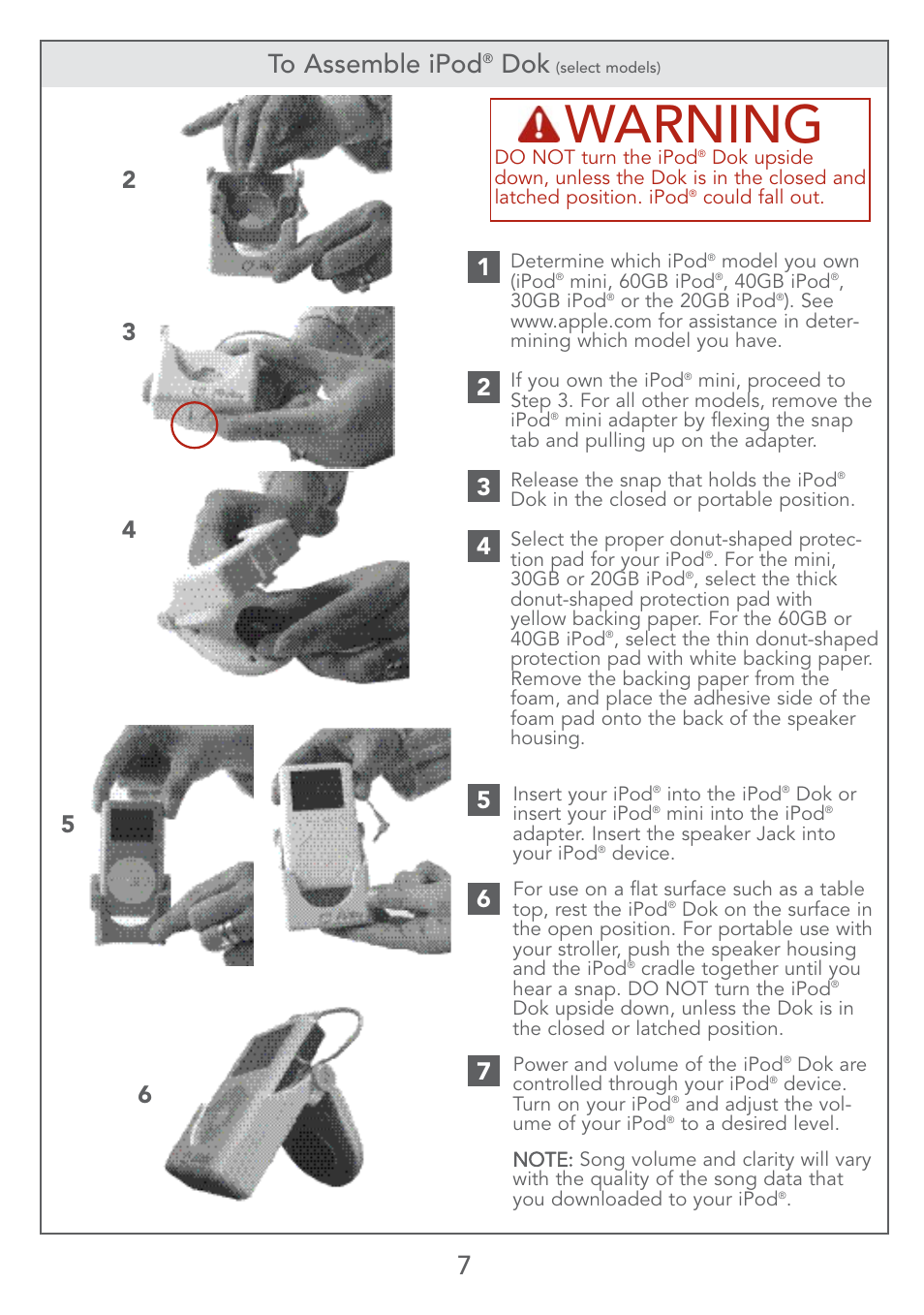 Warning, 7to assemble ipod | Kolcraft LITE SERIES S67-T 4/07 User Manual | Page 7 / 36